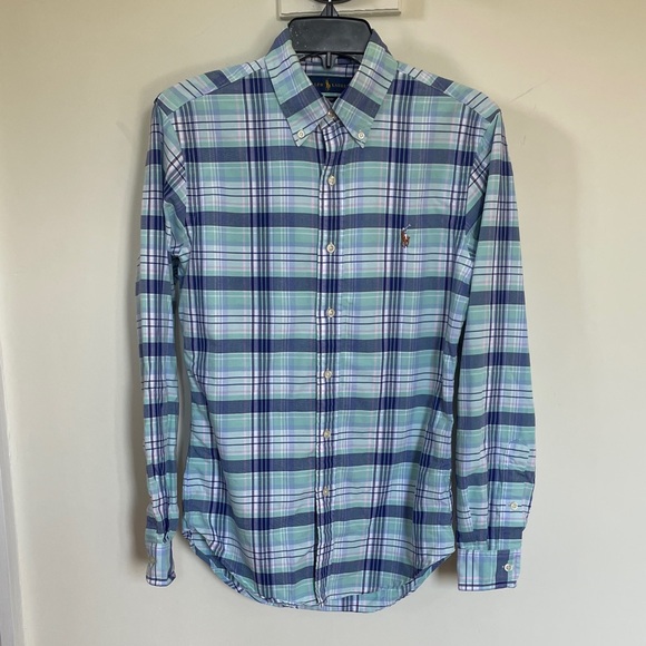 Ralph Lauren Slim Fit Plaid Button Down Shirt Men’s Small S Blue Green Cotton - Picture 1 of 12